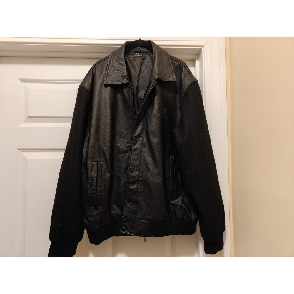 Mercedes Benz‎ Mens Black Leather Wool Varsity Bomber Jacket Large Logo Zip Snap